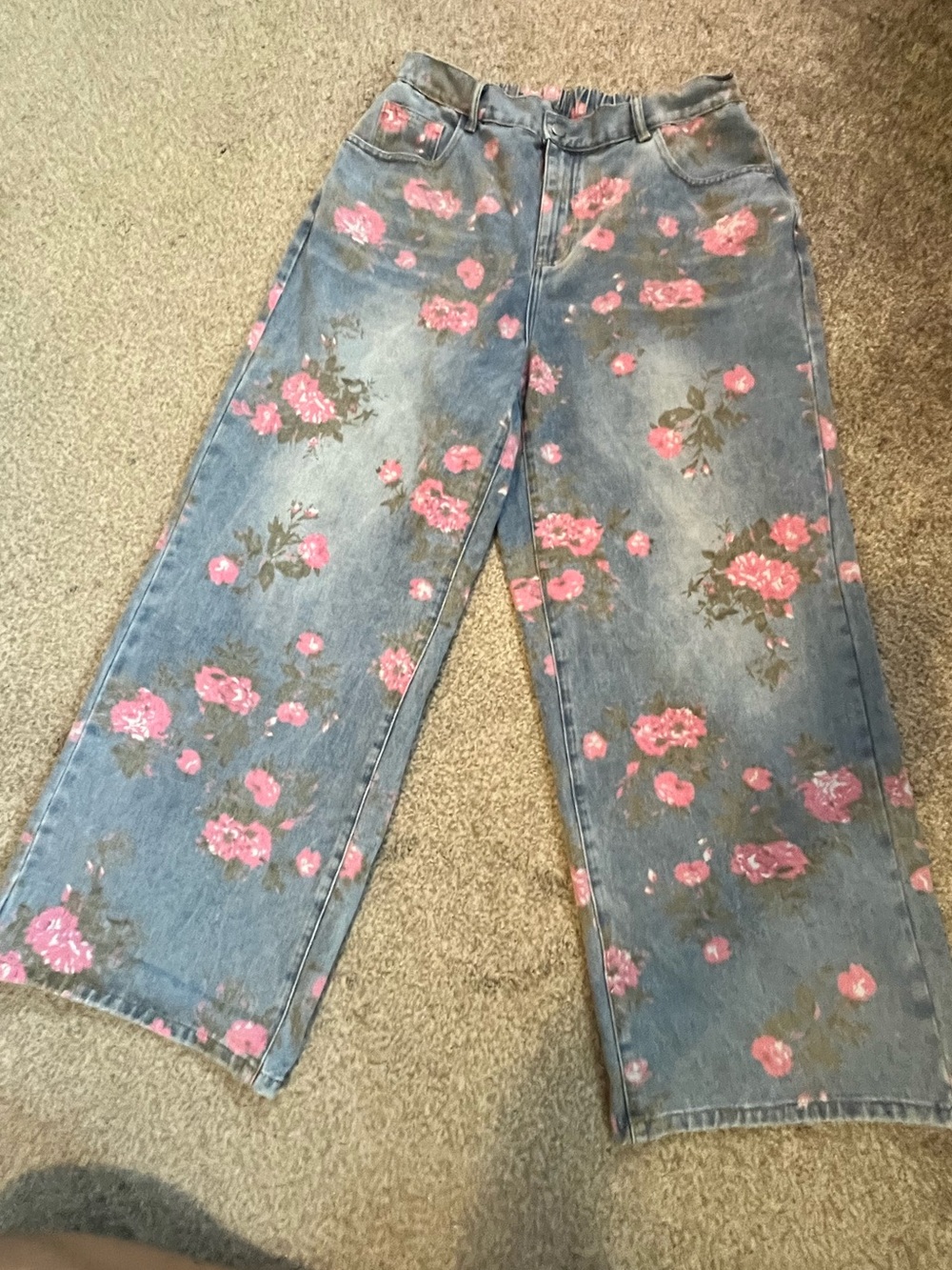 Women's Blue Floral Wide-Leg Jeans with Pink Rose Print